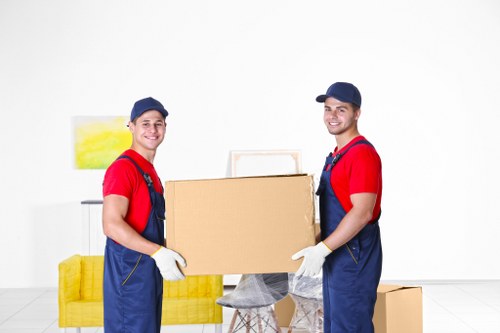 Flat removal team planning a Surrey apartment move with boxes and furniture